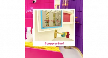 Love Island CoppaFeel! check your chest sticker shown on a bathroom in the Love Island villa
