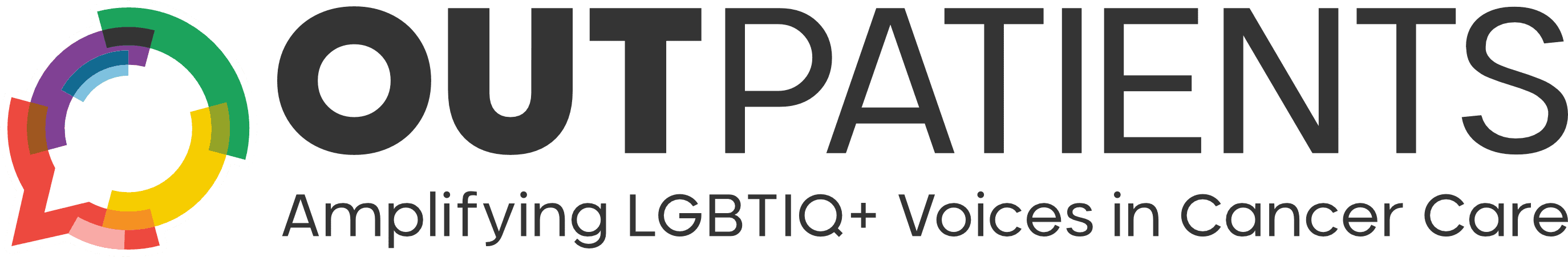 OUTpatients logo. A rainbow coloured speech bubble with the text OUTpatients and tag line: Amplifying LGBTIQ+ Voices in Cancer Care.