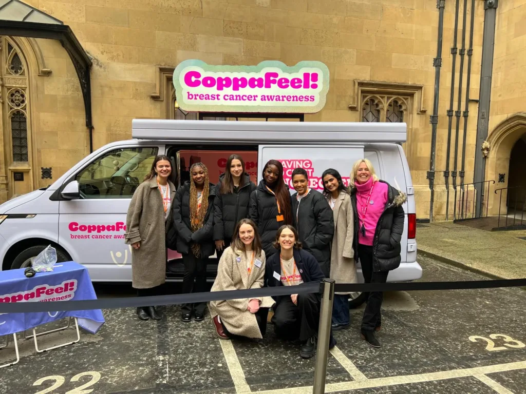 The CoppaFeel! team outside of Parliament.